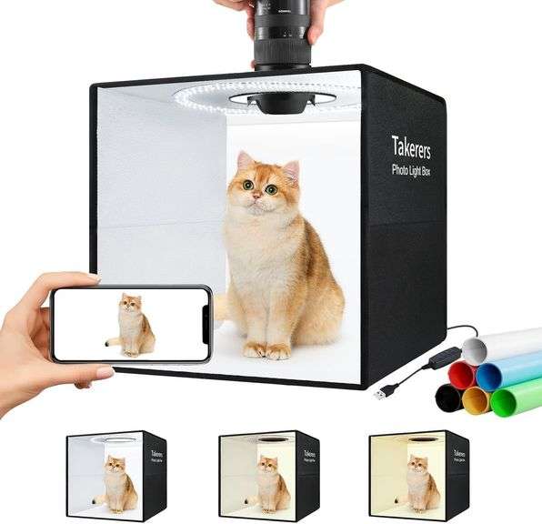 Photo Studio Light Box, Takerers 16"x16"x16" Portable Professional 3200-6500k Dimmable Shooting Tent Kit with 160 LED & 6 Kinds of Double-Sided Color Backdrops for Product Photography image