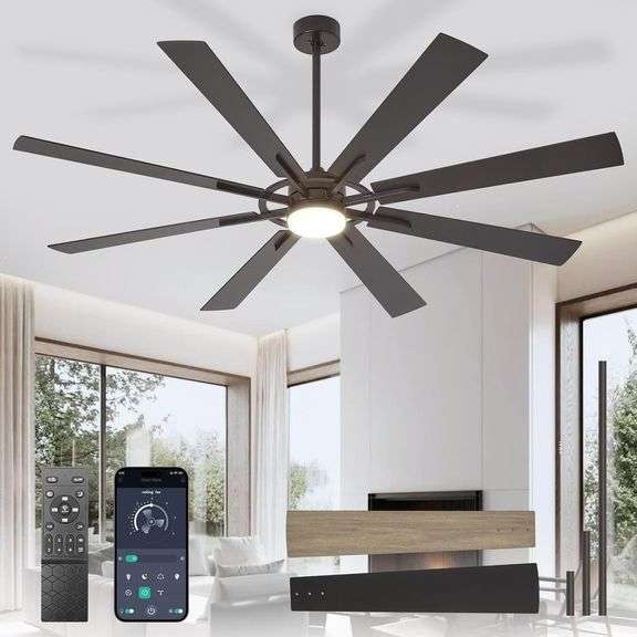 Large Ceiling Fans with Lights: Modern 72 Inch 8 Blade Outdoor Ceiling Fan with Remote APP Control - Dimmable Black Big Fan light Indoor Reversible 6 Speed Quiet DC Motor image