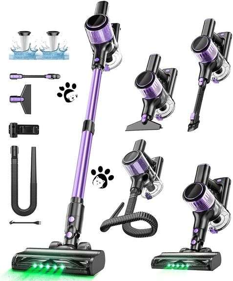 Cordless Vacuum Cleaner, 10 in 1 Stick Vacuum with Powerful Suction, Hose, Green LED Light, Anti-Tangle Brush, Lightweight Rechargeable Vacuum Cleaner for Home, Hardwood Floors, Carpets image