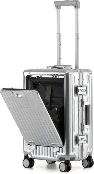 20 Inch Zipperless Carry On Luggage 22x14x9 Airline Approved With Spinner Wheels,Aluminium Frame Hard Shell Travel Suitcase with TSA Approved Cup Holder USB Port Holder for Women Men,Silver image