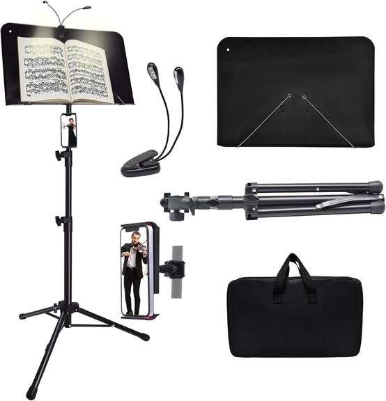 Sheet Music Stand with Light and Phone Holder, 57" Portable Music Stand for Sheet Music High Stability, Height Adjustable Music Stands with Carrying Bag(33-57inch, Plate without hole) image