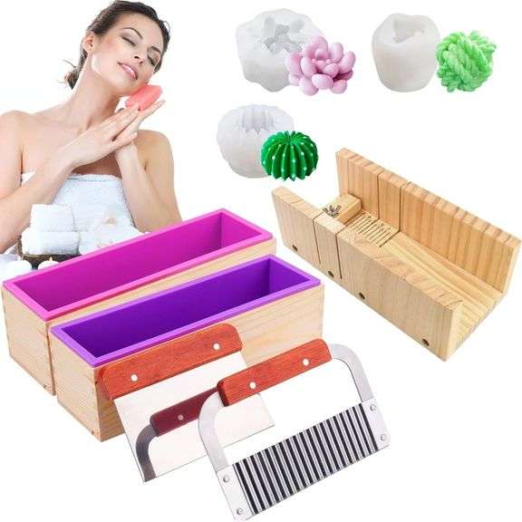 Soap Molds for Soap Making Kit, Cutting Box and Inner Box with Silicone Mold, Stainless Steel Straight Cutter and Wavy Cutter, & Silicone Candle Molds (with Recipe Book) image