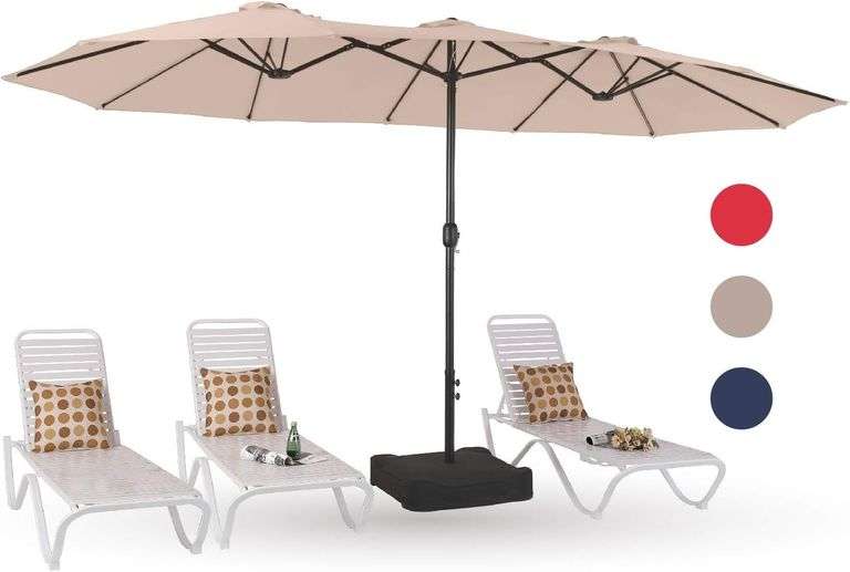 PHI VILLA 15ft Large Patio Umbrellas with Base Included, Outdoor Double-Sided Rectangle Big Market Umbrella with Stand, Outside Umbrellas for Poolside Lawn Backyard, Beige image