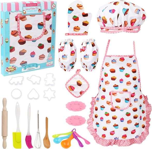 Vanmor Cute Kids Cooking and Baking Sets, 24 Pcs Kids Aprons for Girls Toddler Chef Hat Apron Dress Up Chef Costume, Little Girl Apron Sets Pretend Gifts for 3 4 5 6 7 8 Years Old Girls image