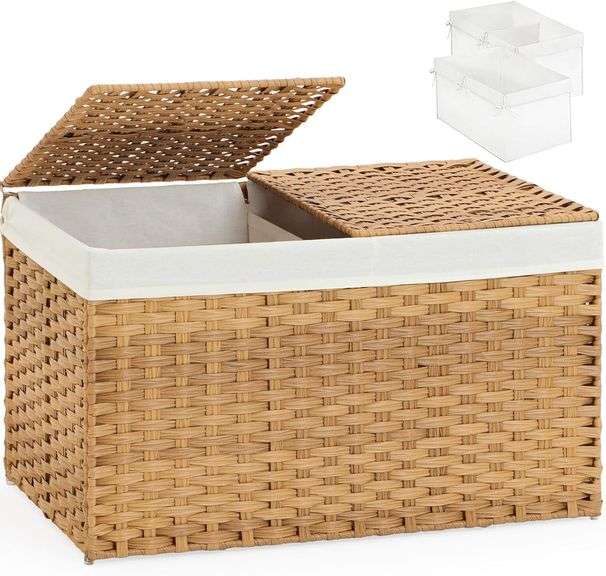 Storage Basket with Lid Rattan Storage Basket with 2 Separate Lid, 27.8 Gallon (105 L) 25.2 * 15.4 * 16.1 Inches Woven Wicker Baskets with 2 Liners and Handles for Bedroom Laundry-Natural image