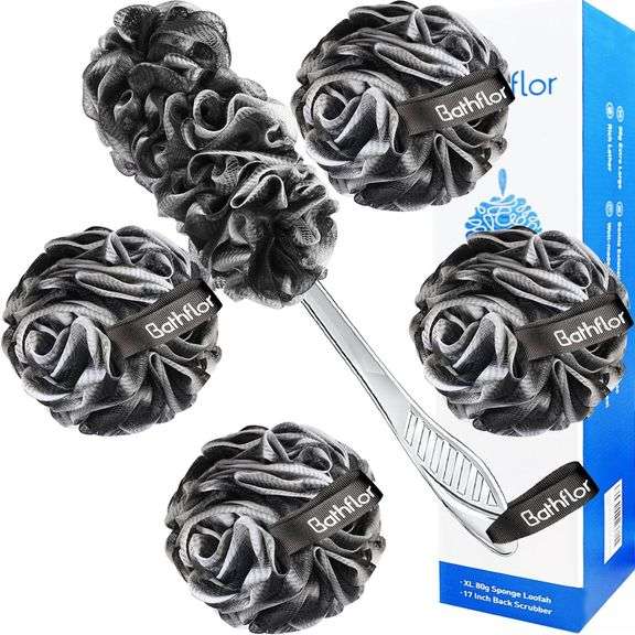 Loofah Sponge Exfoliating Body Scrubber: 4PCS Extra Large 80g Shower Loofahs Poufs, 1PCS Long Handle Loofa Back Scrubber, 1PCS Luffa Hook, Charcoal Loofah Pack for Women Men Bath Wash, Black image