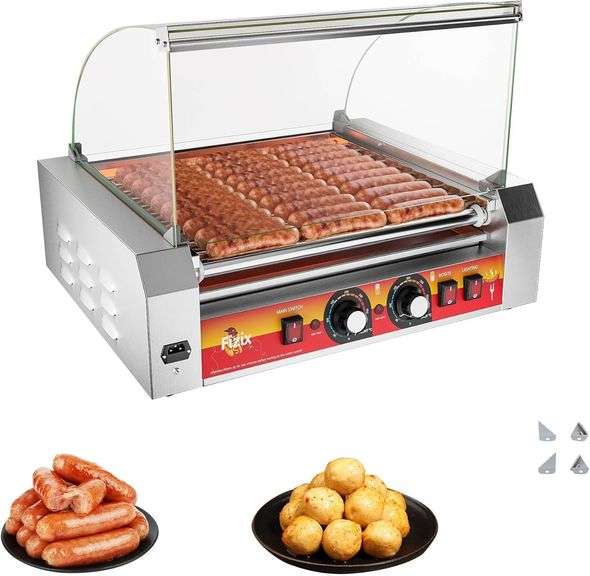 1670W Commercial Hot Dog Rollers,11 Rollers 30 Hotdog Roller Grill,Stainless Steel Hot Dog Machine with Dust Cover,Hot Dog Roller Machine with Dual Temp Control and Led Light image