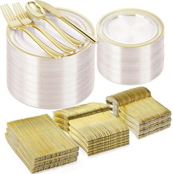 BESTVIP 600PCS Clear Gold Plastic Plate Set (100 Guests), Plastic Plates for Party Wedding Birthday, Disposable Dinnerware Set of 200 Plates, 200 Forks, 100 Spoons, 100 Knives for Christmas image