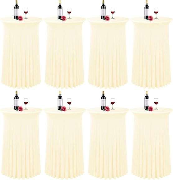 8 Packs 32"x 43" Round Cocktail Table Skirt,Spandex Stretch Cocktail Tablecloth with Wavy Drapes, Spandex Fitted High Top Table for Bar Party Banquet Wedding Birthday Table(Beige) image