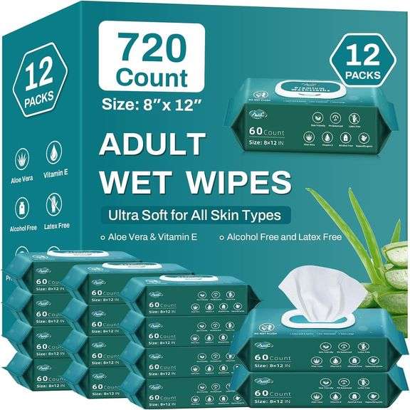 720 Count (12 Packs of 60) Wipes for Adults, 8" x 12" Extra Large for Incontinence & Cleansing, Disposable Body Shower & Bath Wipes for Elderly Bathing No-Rinse - Vitamin E & Aloe image