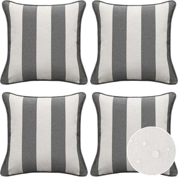 Decorative Outdoor Water Repellent Throw Pillows with Inserts, Set of 4, 18" x18" Pillows for Patio, Backyard, Bed, Couch, and Patio Furniture, Gray Stripe image