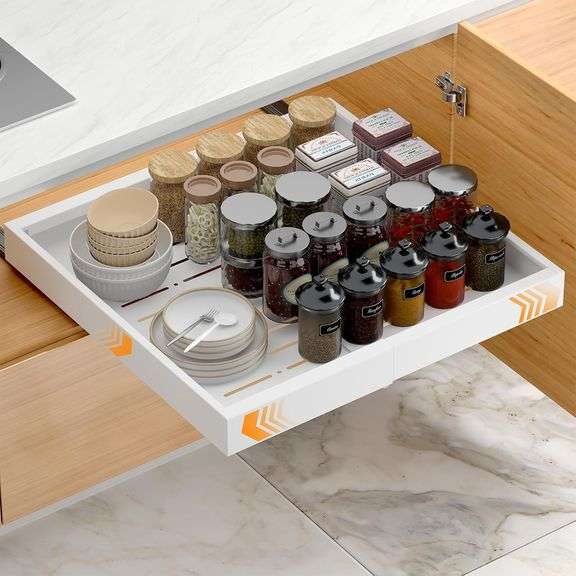 Pull Out Cabinet Organizer with Slide Out Drawers, 21" Deep Expandable (12"-20" W) for Kitchen Base & Pantry Cabinets - Adhesive Nano Film Installation (White, 1 Tier-21"D x 12-20"W) image