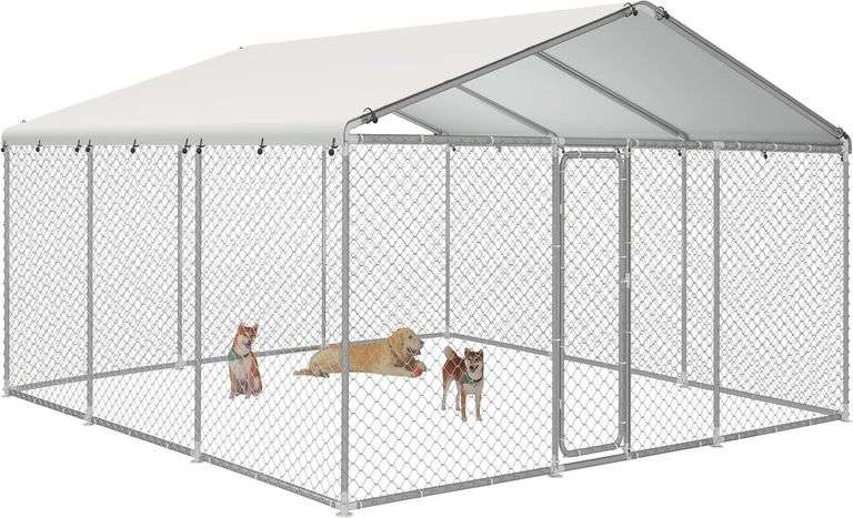 15.3x15.3 FT Outdoor Dog Kennel Outside with Waterproof UV-Resistant Cover, Heavy Duty Dog Enclosure House with Steel Fence and Secure Lock for Dogs image