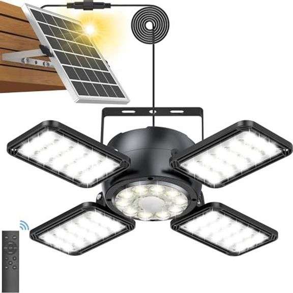 Solar Shed Light Outdoor Indoor Upgrade 1200LM 174LED 4 and 1 Heads Motion Sensor Pendant Light, Solar Lights with 5 Lighting Modes Remote Control IP65 Waterproof for Barn Patio Gazebo Shop image