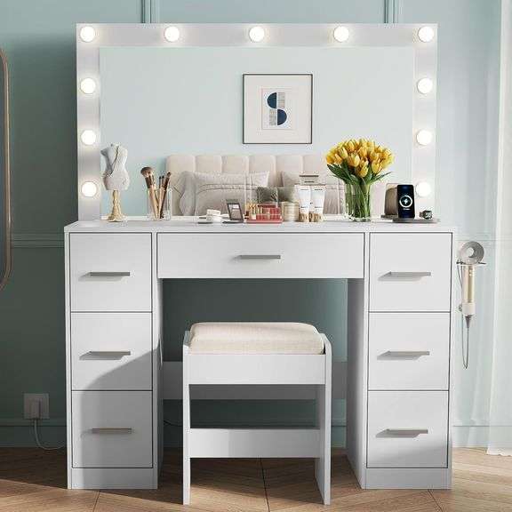 WLIVE White Vanity Desk with Large Mirror and Lights, Makeup Table w/7 Drawers & Power Outlets, Modern Vanity Table Set with Chair, Dressing Table for Bedroom Dressing Room Girl image