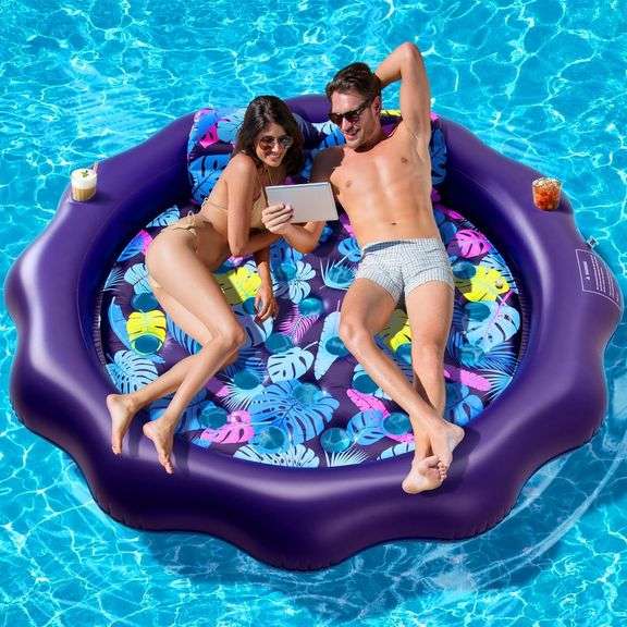 Inflatable Pool Floats Adult Size - 77" X-Large Heavy Duty Tanning Floating Mat Cooling Holes Lounger with Pillow, Pool Floaties Bed with Cup Holders for Backyard Swimming Pool Party, Purple image