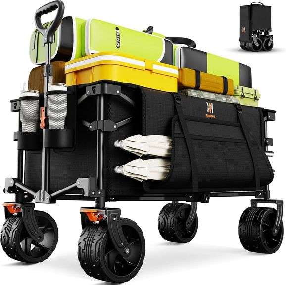 Navatiee Big Wheels Collapsible Wagon Cart Foldable, Heavy Duty Beach Wagon with Silent All-Terrain Wheels, Folding Utility Grocery Cart with Side Pocket and Brakes for Camping Garden Sports, Black image