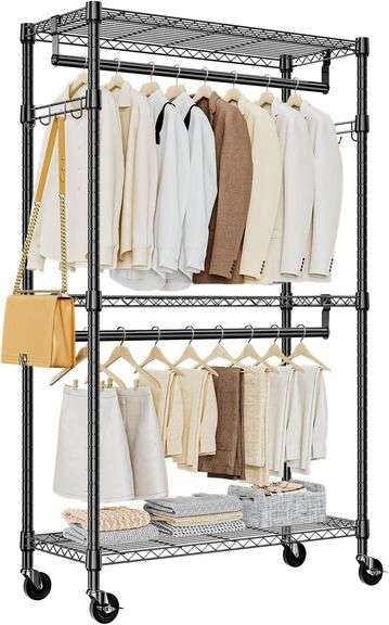 Heavy Duty Rolling Garment Rack 3 Tiers Adjustable Wire Shelving Clothes Rack with 2 Rods and Side Hooks,Storage Closet Clothing Rack with Wheels Black 15.7" D x 29.5" W x 74.5" H image