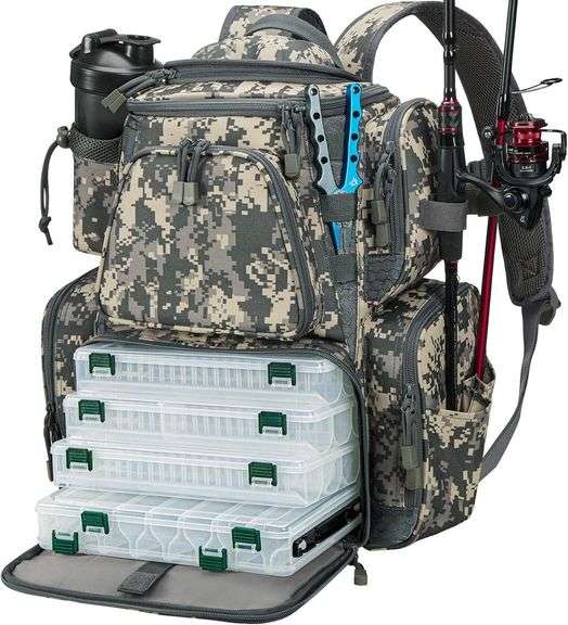 Piscifun Fishing Backpack with 2 Rod Holders & 4 Tackle Boxes, Large Tackle Storage Bag With Rain Cover for Fishing Gear image