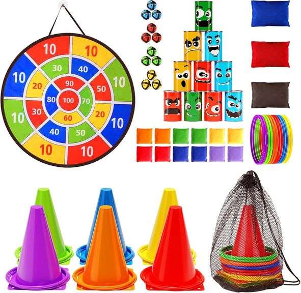 58PCS Carnival Games Combo Set, Dart Board Knock Down Can Bean Bag Toss Game Party Indoor Outdoor Birthday Party Fall Festival Field Day for Kids Adults Yard Plastic Cones Outside Games image