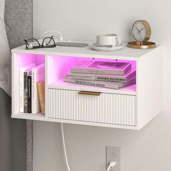 White Floating Nightstand with Charging Station and LED Lights,White image