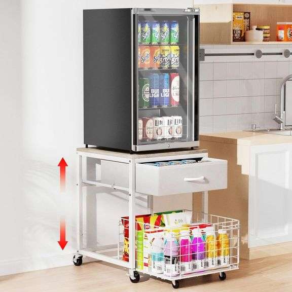 Housolution Mobile Mini Fridge Stand with Storage, Height-Adjustable Mini Beverage Fridge Table, Coffee Bar, 200 lbs Heavy-Duty Compact Refrigerator Shelf with Rolling Cabinet for Kitchen Home, White image