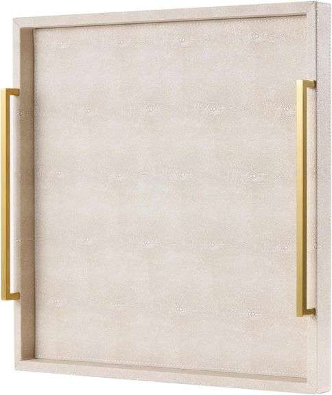 Ivory Shagreen Extra Large Ottoman Trays with Gold Handles 20x20, Faux Leather Large Coffee Table Tray for Living Room, Versatile Decorative Serving Tray (Ivory-Gold Handle, 20") image
