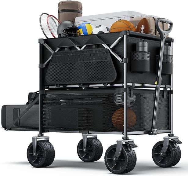 480Lbs Foldable Double Decker Wagon Cart,Beach Carts with Large Wheels&Side Storage Pocket&Dustbag,Large Capacity Folding Wagon for Shopping,Garden,Camping,Fish,Sports-Black image