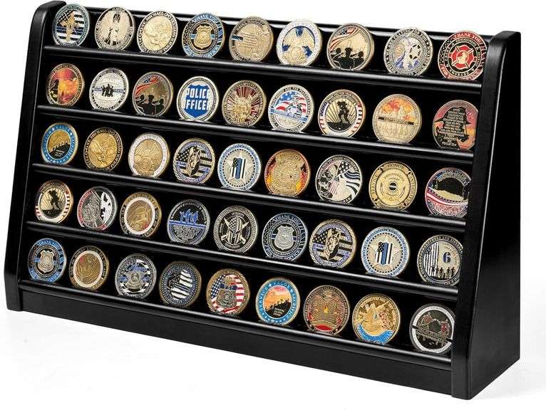 DecoWoodo Challenge Coin Display Case, 5 Row Military Coin Wooden Holder Rack Stand Holds 50 Coins for Desk or Wall Mount, Coin Holders for Collectors (Black Finish) 5 Rows Black Finish image