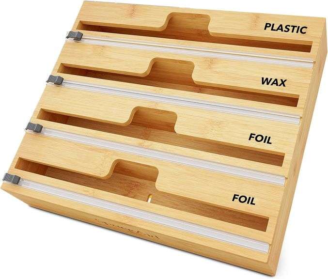 SpaceAid WrapNeat 4 in 1 Wrap Dispenser with Cutter and Labels, Plastic Wrap, Aluminum Foil and Wax Paper Dispenser for Kitchen Drawer, Bamboo Roll Organizer Holder, Compatible with 12" Roll image