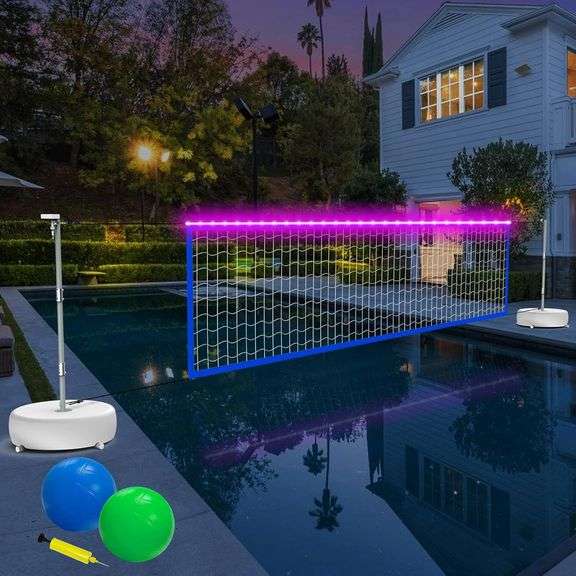 Pool Volleyball Net Set with Lights, Solar Powered Portable Outdoor LED Volleyball Net for Pool with 2 Glowing Balls,Pump and Weighted Bases, Adjustable Length 15ft-32ft for Inground Pool. image