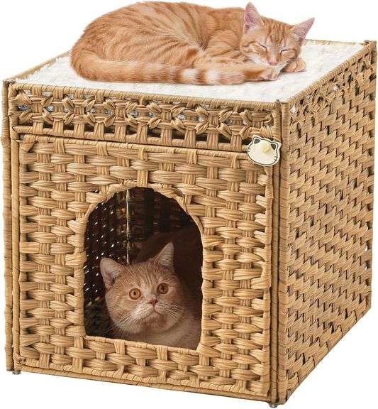 Cat Beds for Indoor Cats Extra Large Double Cat Cave Pet Cube, Handwoven Rattan Cat Houses with Double-Sided Soft Cushions, 18.5 x 20.5 x 19.1 Inches Foldable Hideaway in Living Room Natural image