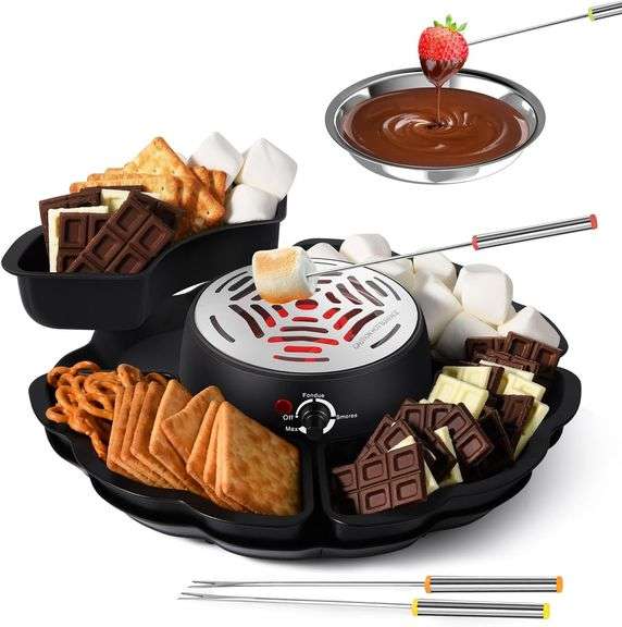 2 In 1 Smores Maker & Fondue Set, Tabletop Indoor Smores Kit, Marshmallow Roaster with Temp Control, 4 Detachable Trays & 4 Roasting Forks and 1 Heated Bowl, Movie Night Supplies & Housewarming Gifts image