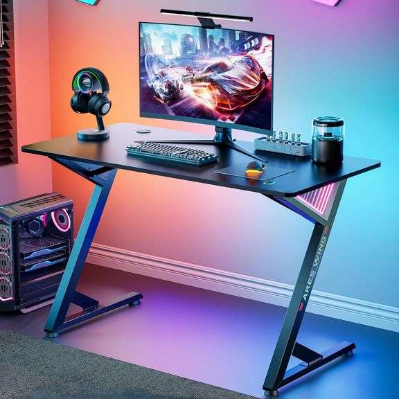 ARES WING 47 Inch Gaming Desk, Ergonomic Computer Desk with LED Light and DIY Control Cable, Gaming Table Carbon Fiber Surface for Home and Office, Black image