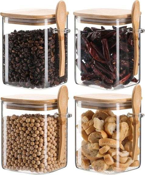 32OZ Glass Jars with Bamboo Lids & Spoons Set of 4 - Square Glass Containers with Lids, Large Food Storage Containers for Salt Spice, Loose Tea, Coffee Beans, Candy, Brown Sugar, Nuts image