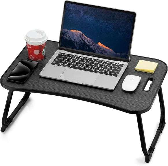 Laptop Bed Desk, Foldable Lap Table, Portable Study Table, Laptop Stand with Cup Holder & Tablet Slot & Lifting Handle for Working Writing Drawing & Eating - Black image