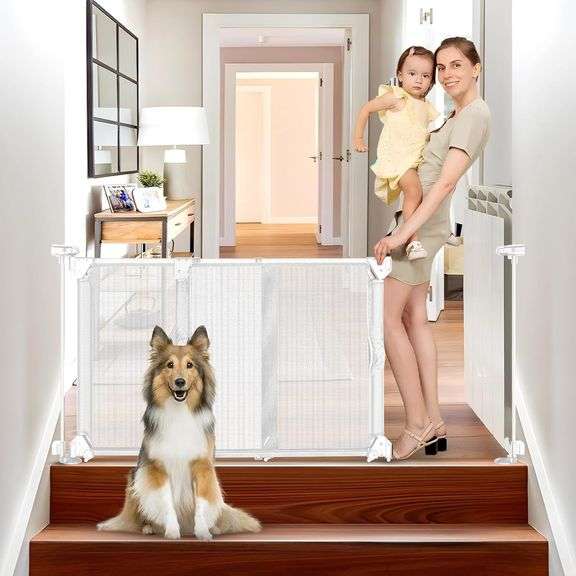 No Drilling Adjustable Baby Gates for Doorways Without Screw Sliding 28 Inch Tall Step Over No Drill Mesh Baby Gate 32"-55" Wide Expandable Pet Gate Indoor Puppy Gate for The House Dog Fence (White) image