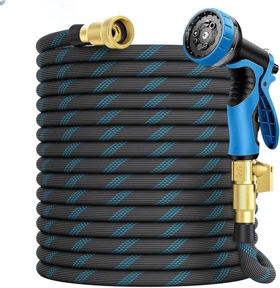 Garden Hose 100 ft, 2025 Upgarded Flexible Water Hose 100ft With 10-Pattern Spray Nozzle, Kink-Free, Lightweight, Durable, Leak-Proof Solid Brass Fittings (Black & Blue) image