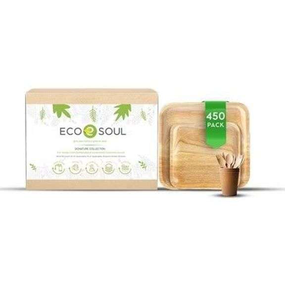 ECO SOUL Square 100 Percent Compostable, Biodegradable, Disposable Palm Leaf Plates and Birchwood Dinnerware Set, Microwave and Oven Safe (450 Piece) image