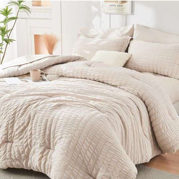 HYMOKEGE Beige Queen Comforter Set Seersucker 7 Pieces, All Season Luxury Bed in a Bag for Bedroom, Bedding Set with Comforters, Sheets, Pillowcases & Shams image