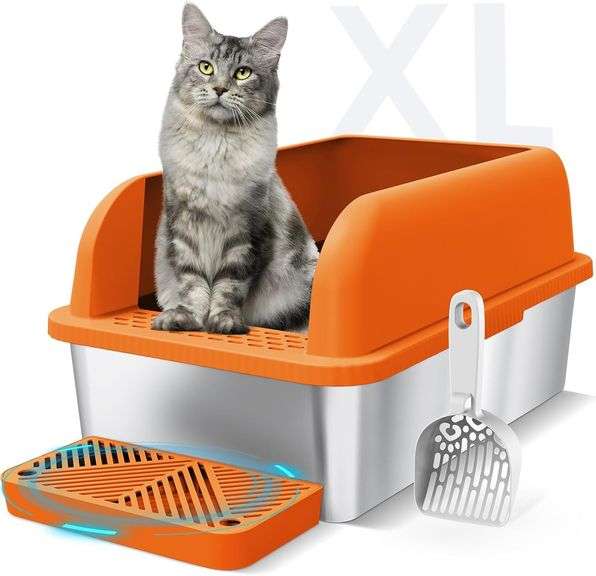 Enclosed Stainless Steel Litter Box with Lid Extra Large Litter Cat Box for Big Cats XL Metal Litter Pan Tray with High Sides Enclosure, Anti-Leakage, Easy Cleaning (Orange) image