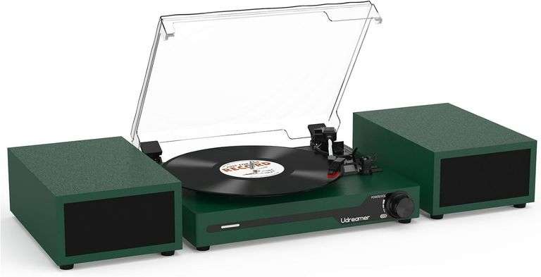 Vinyl Record Player with External Speakers BT 5.3 Wireless Turntable Portable with 3 Speed USB Vintage Inkygreen image