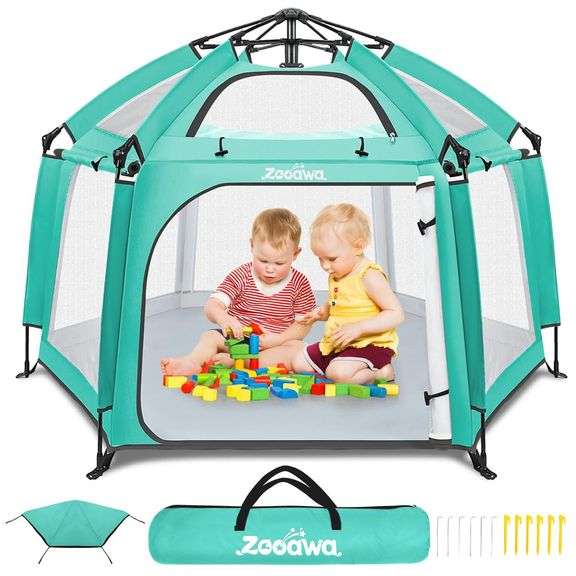 Zooawa Pop Up Playpen for Baby, Portable Play Yard for Babies and Toddlers with Removable Sun-Shades& 2 Side UV Covers, Lightweight Outdoor Baby Playpen with Travel Bag,Beach,Home, Mint Green image
