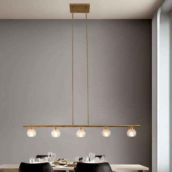 TANIN Kitchen Island Lighting Fixture, Dining Room Over Table 5 Lights Chandeliers, Height Adjustable Gold Crystal Shade Chandelier Farmhouse Pendant for Lighting Foyer Hallway Living Room -47.6" image