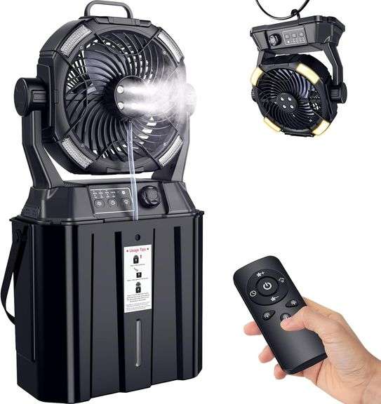 Misting Fan Portable for Outside Patios- 20000mAh Rechargeable Battery Powered fan, 3 LED Light Modes & Stepless Speed Control Camping Fan with 6L Bucket, Remote Control image