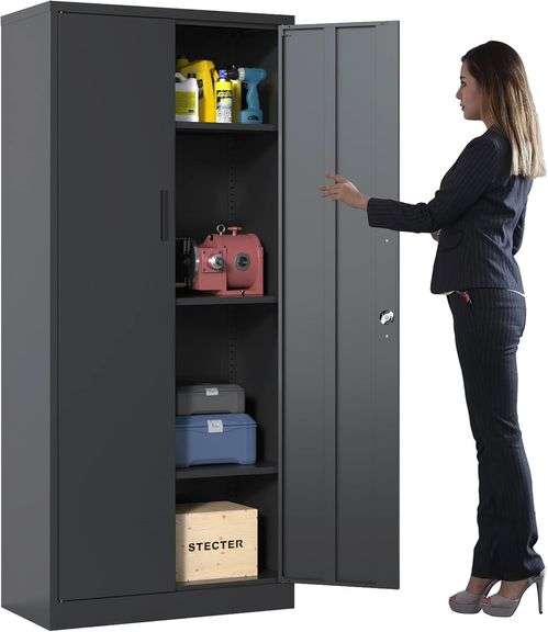 Metal Storage Cabinet with Adjustable Shelves, Garage Tool Cabinet with 2 Lockable Doors for Office, Home, Garage, Require Assembly, Black $128 image