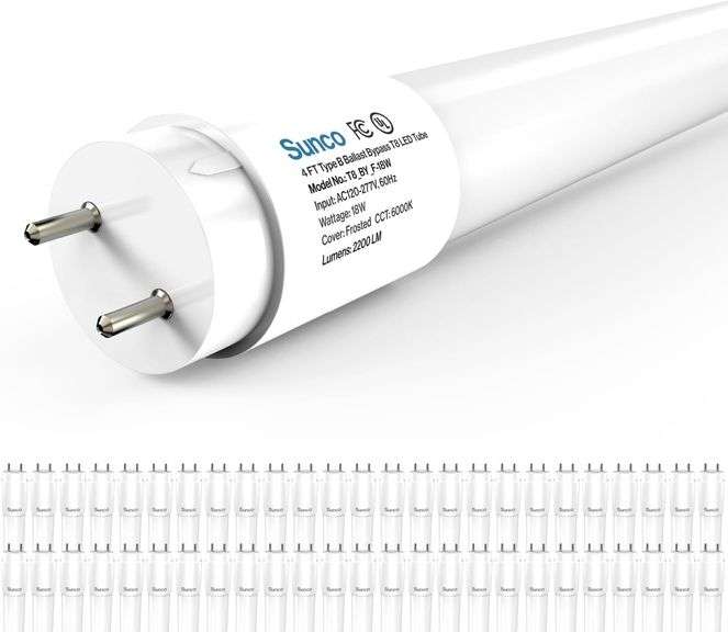 Sunco 50 Pack T8 LED Bulbs 4 Foot, Tube Light Bulbs Ballast Bypass, 48 Inch Fluorescent Replacement, 2200 LM, 18W, 6000K Daylight Deluxe, Single Ended Power, Type B, Frosted Lens UL $180 image