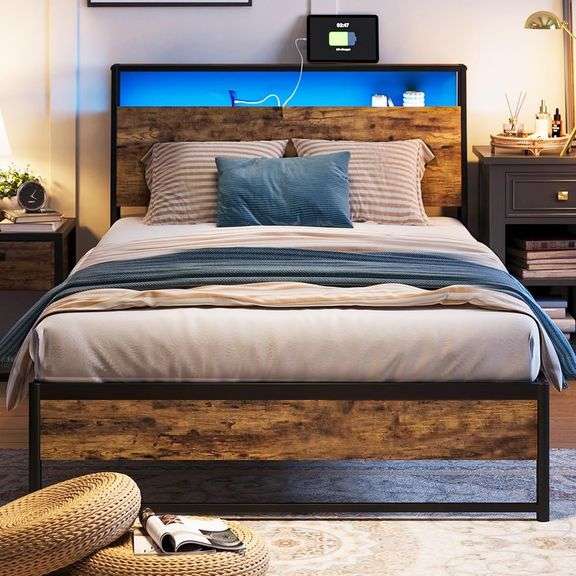 LINSY FULL Bed Frame with Ergonomic Headboard, 14 inch Fast Assembly Metal Bed with LED Lights, Outlets & USB, Kids FULL Size Bed Frame, Noise Free, No Box Spring Needed, Rustic Brown $104 image