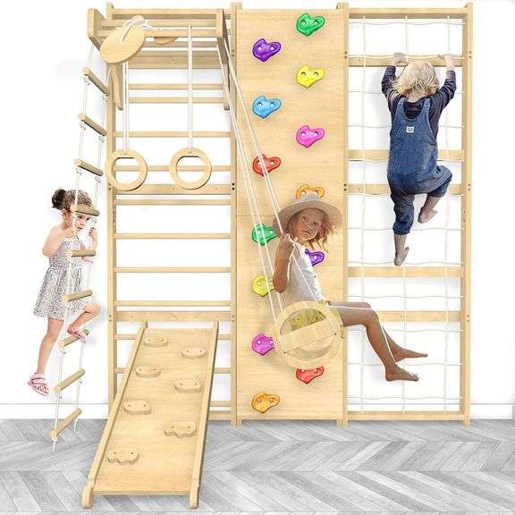 Upgraded Extra-Large Size 94.5inch Height 10-in-1 Swedish Ladder Gym Set, Home Playground with Swing, Rope Ladder, Pull-Up Bar, Slide and Rock Climbing Wall for Kids and Adults $550 image