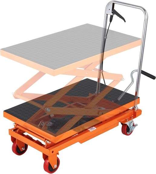 VEVOR Hydraulic Lift Table Cart, 330lbs Load Capacity 50 Inch Lifting Height, Manual Single Scissor Lift Table with Non-Slip Pad and 4 Wheels, Hydraulic Scissor Cart for Material Handling, Orange $243 image